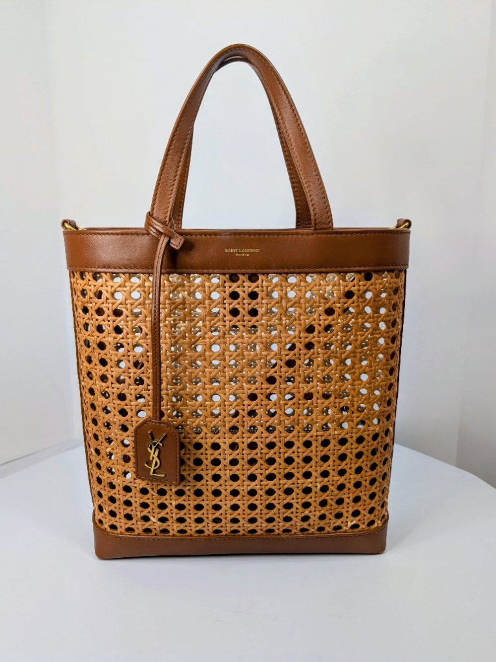 Saint Laurent Paris YSL Cognac Brown Leather Woven Wicker Toy Shopping Tote